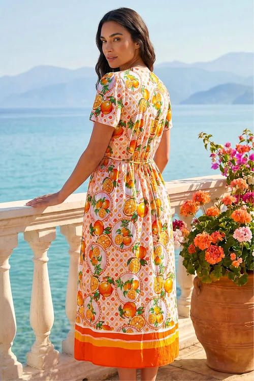 Roman Orange Fruit Print V-Neck Midi Dress - 12 Image 2