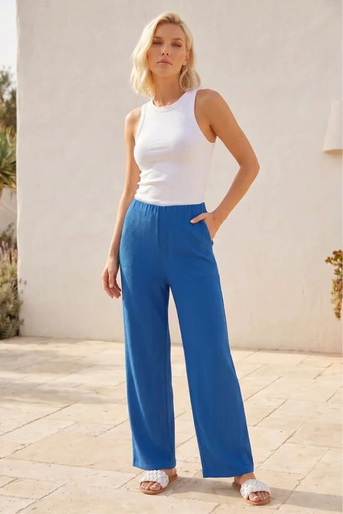 Roman Blue Petite Wide Leg Textured Trouser - 16 Image 1
