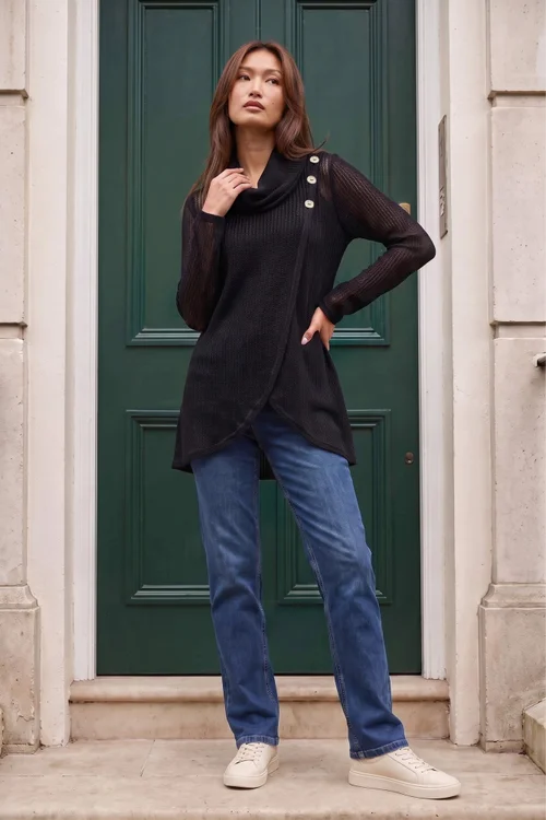 Roman Black Stretch Jersey Textured Buttoned Top - 18 Image 4