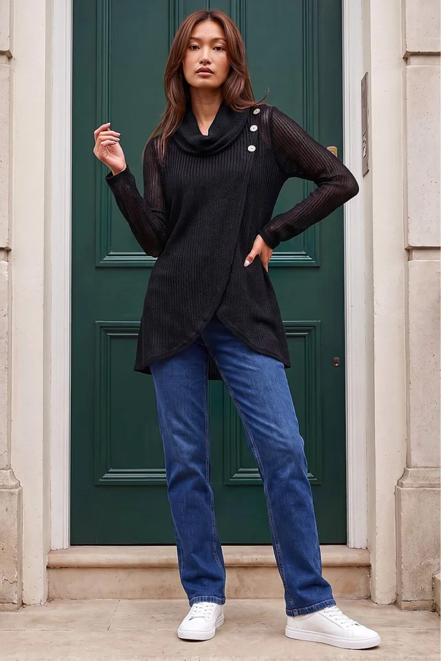 Roman Black Stretch Jersey Textured Buttoned Top