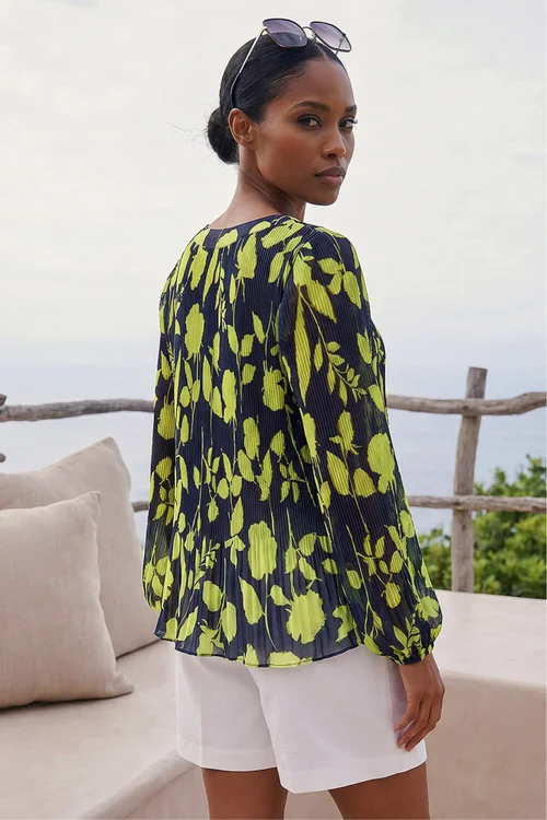 Roman Navy Floral Print Pleated Blouse - 10 Image 2