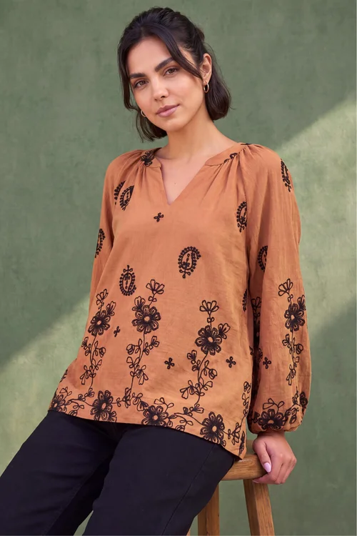Roman Tan Floral Embroidered Top - 18 Image 1
