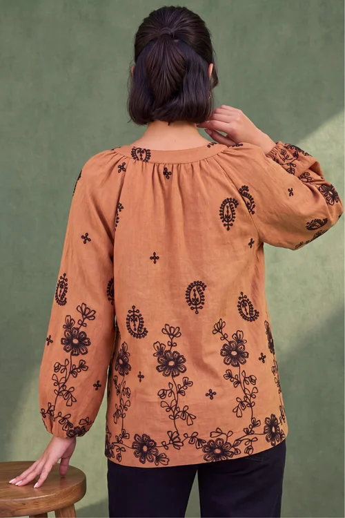 Roman Tan Floral Embroidered Top - 18 Image 3
