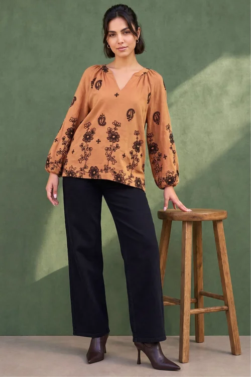Roman Tan Floral Embroidered Top - 18 Image 2