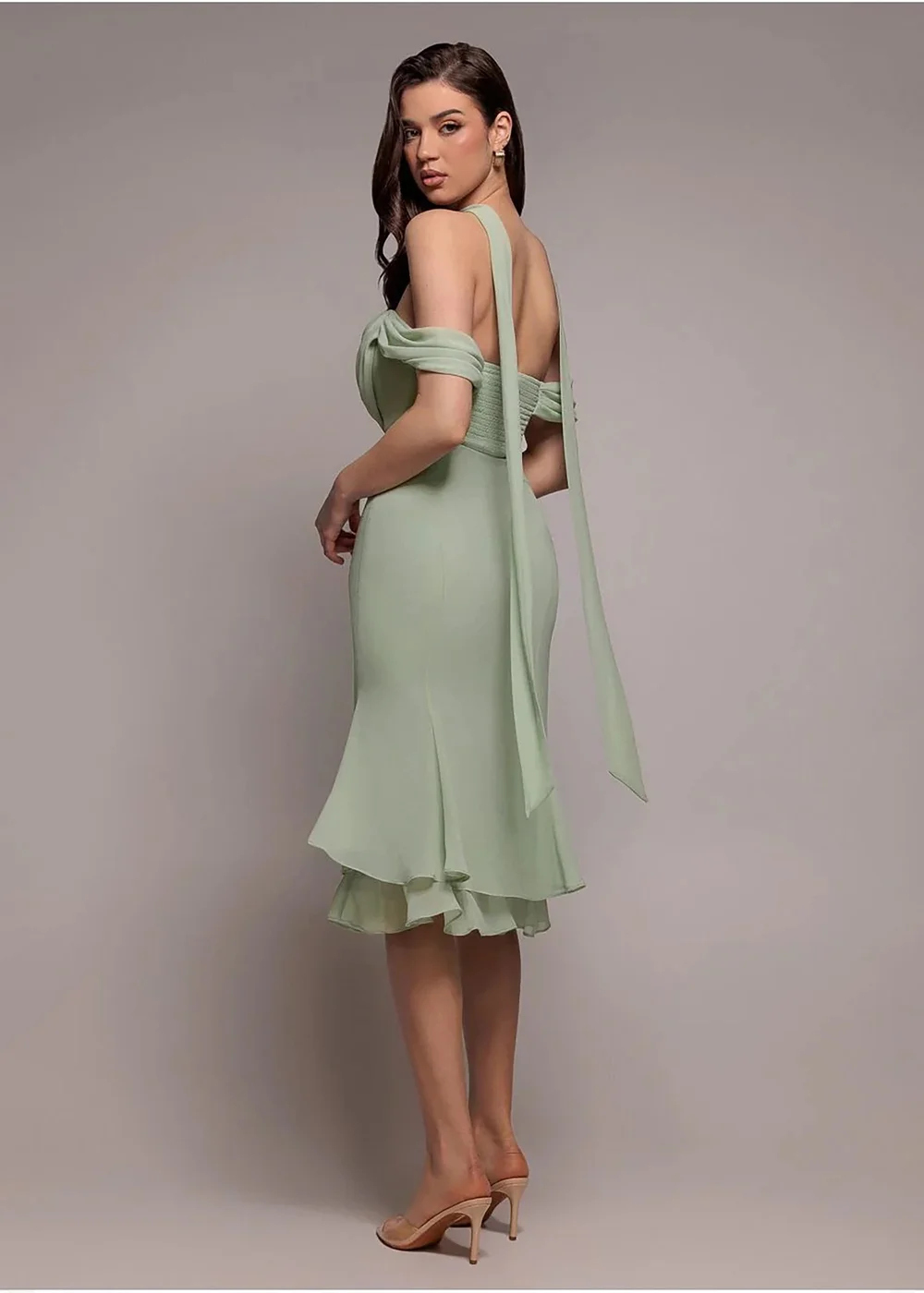 Goddiva Sage Green Chiffon Cowl Off Shoulder Wing Tiered Midi Dress - 8 Image 2
