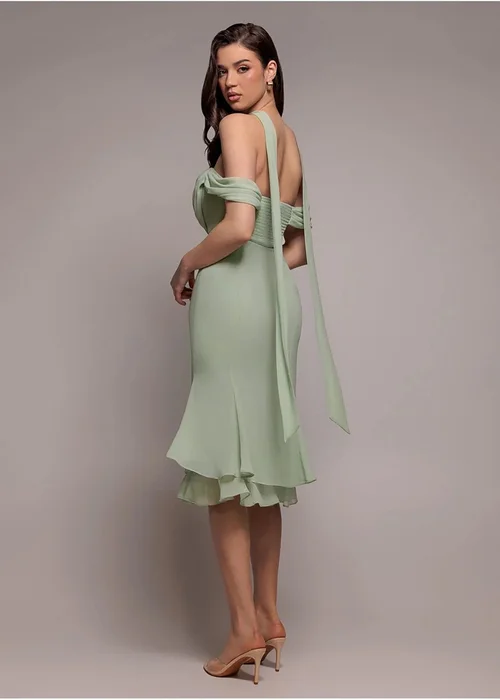 Goddiva Sage Green Chiffon Cowl Off Shoulder Wing Tiered Midi Dress - 8 Image 2