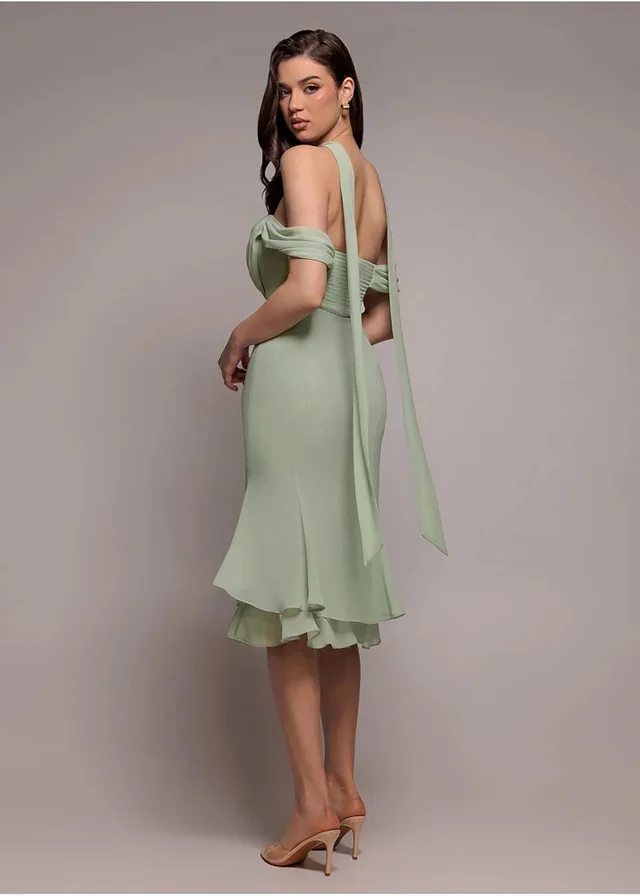 Goddiva Sage Green Chiffon Cowl Off Shoulder Wing Tiered Midi Dress