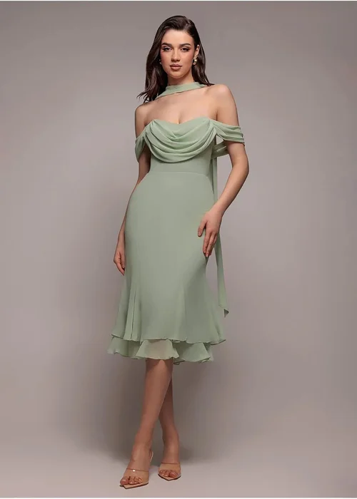 Goddiva Sage Green Chiffon Cowl Off Shoulder Wing Tiered Midi Dress - 8 Image 1