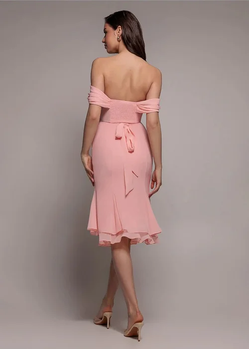 Goddiva Blush Chiffon Cowl Off Shoulder Wing Tiered Midi Dress - 16 Image 2