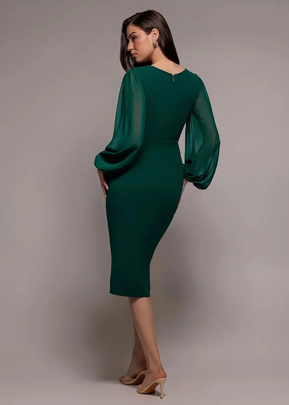 Goddiva Emerald Green Scuba & Chiffon Balloon Sleeve Wrap Midi Dress - 12 Image 1