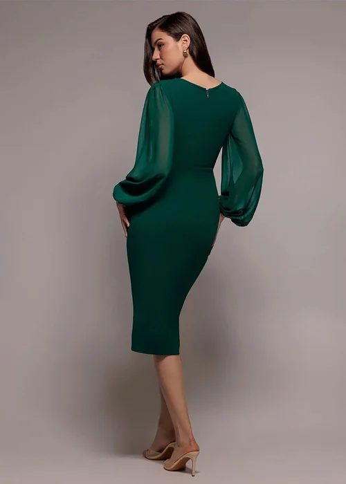 Goddiva Emerald Green Scuba & Chiffon Balloon Sleeve Wrap Midi Dress - 12 Image 1