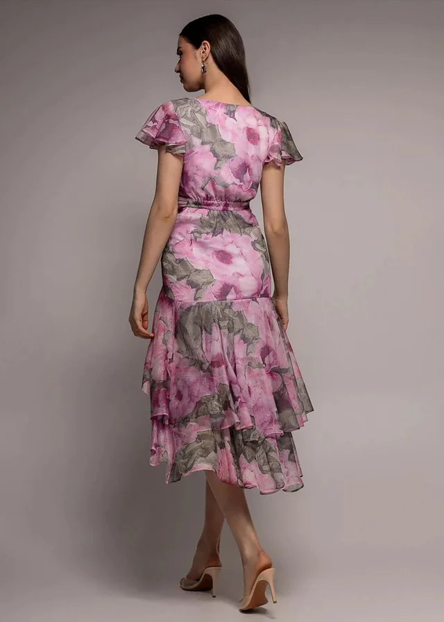 Goddiva Blush Floral Wrap High & Low Midaxi Dress