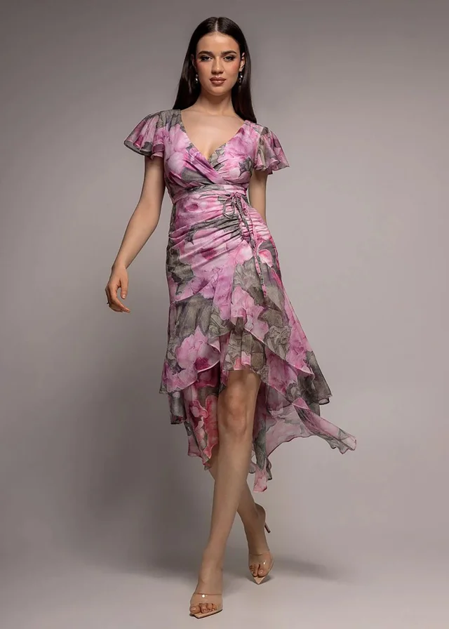 Goddiva Blush Floral Wrap High & Low Midaxi Dress