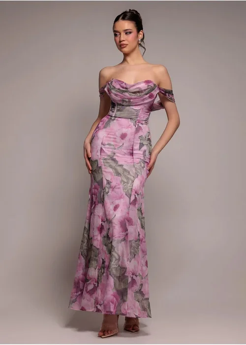 Goddiva Blush Cowl Neck Floral Print Jacquard Chiffon Maxi Dress - 6 Image 2