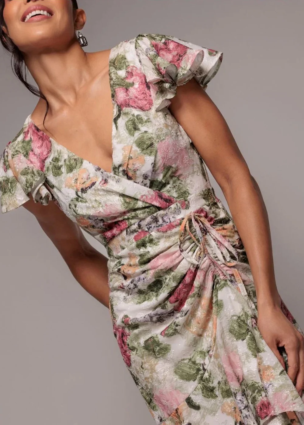 Goddiva Cream Floral Wrap High & Low Midaxi Dress - 12 Image 3