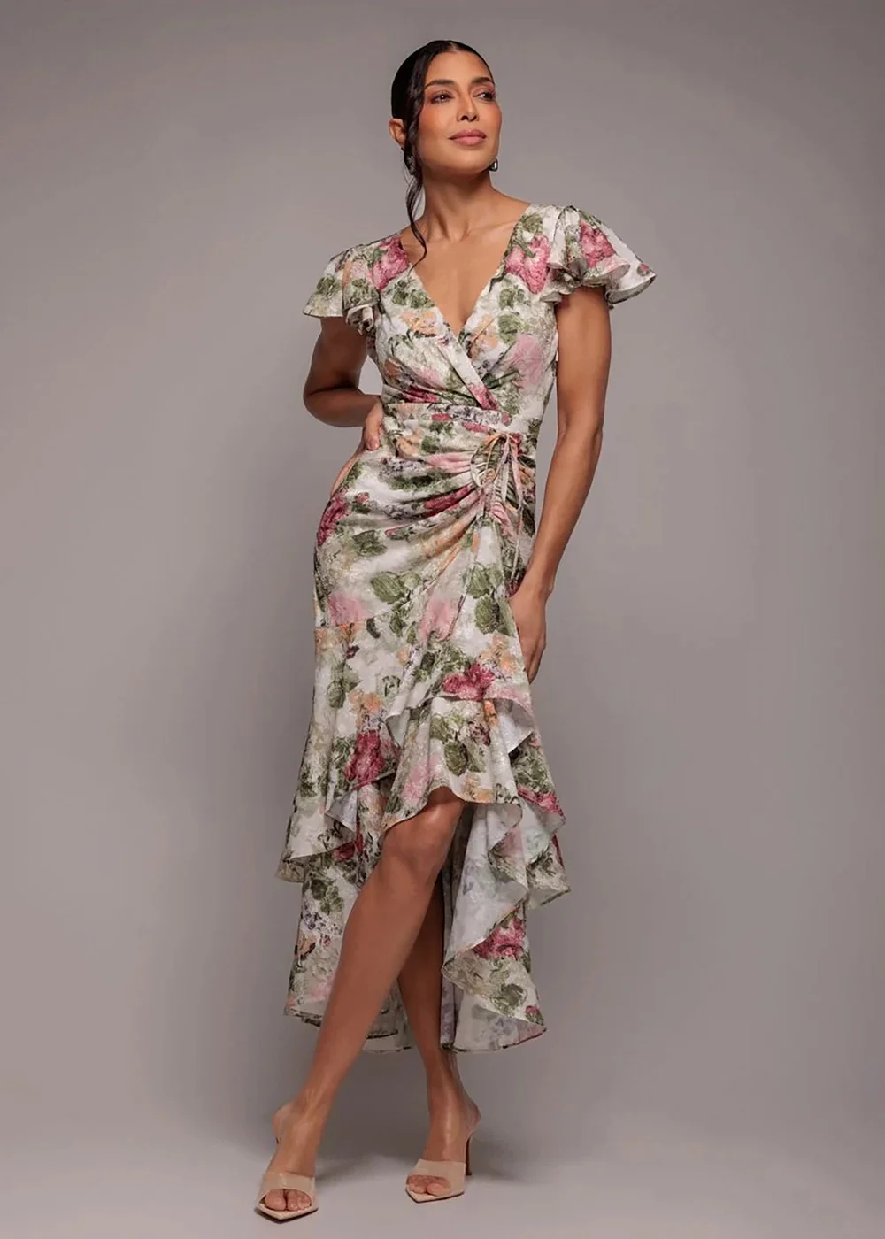 Goddiva Cream Floral Wrap High & Low Midaxi Dress - 12 Image 2