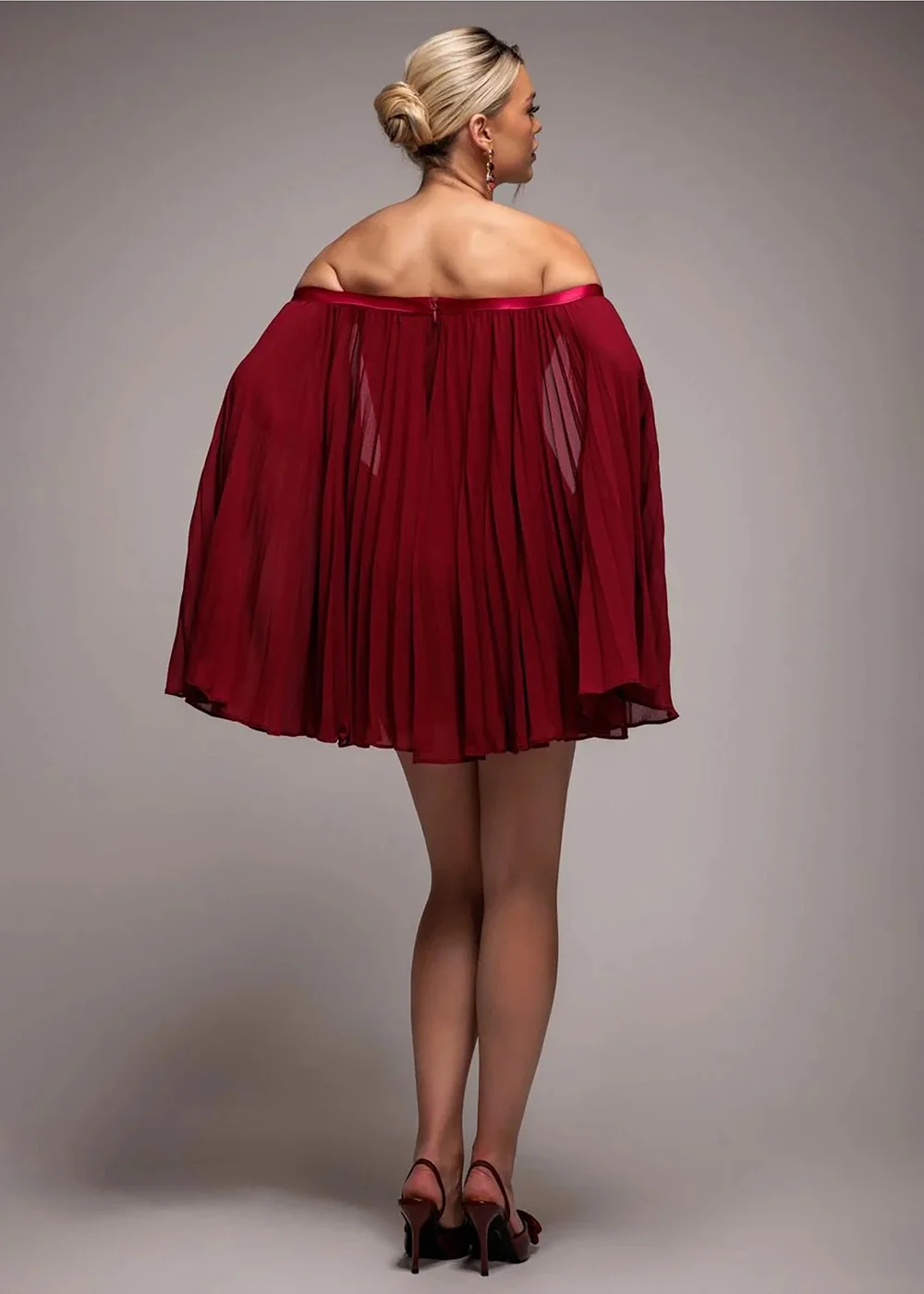 Goddiva Burgundy Red Strapless Mini Dress With Pleated Chiffon Cape - 10 Image 2