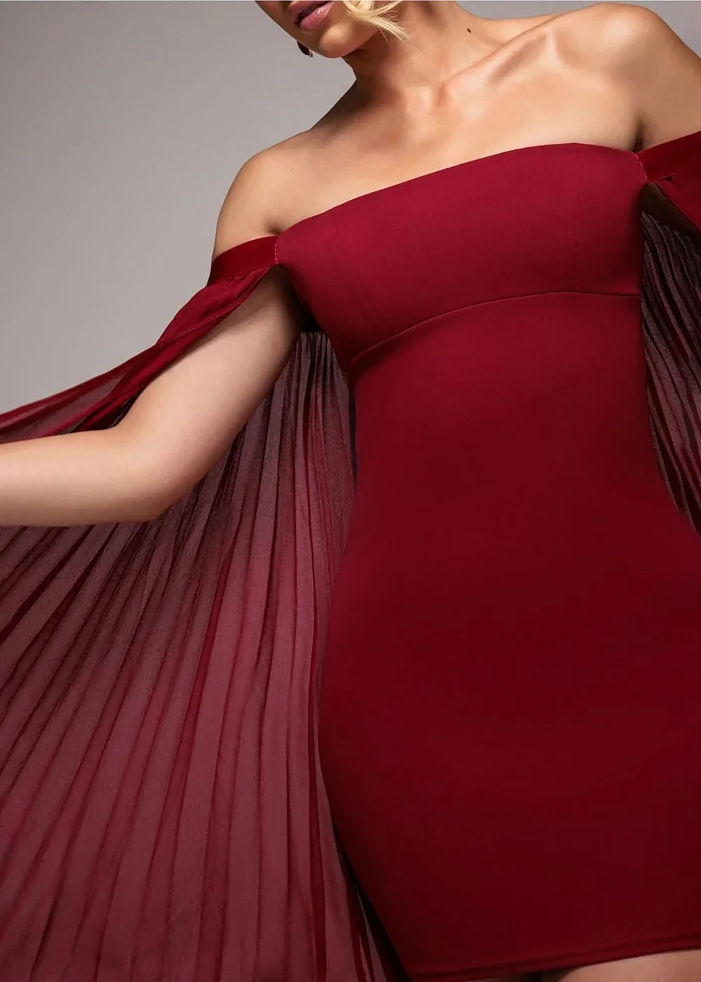 Goddiva Burgundy Red Strapless Mini Dress With Pleated Chiffon Cape - 10 Image 4