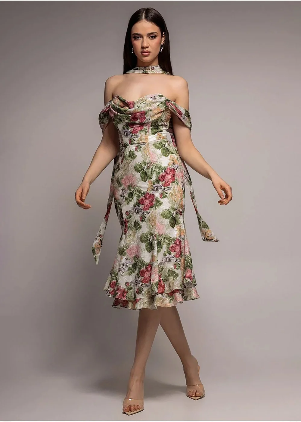Goddiva Cream Cowl Neck Floral Print Jacquard Chiffon Tiered Midi Dress - 6 Image 1