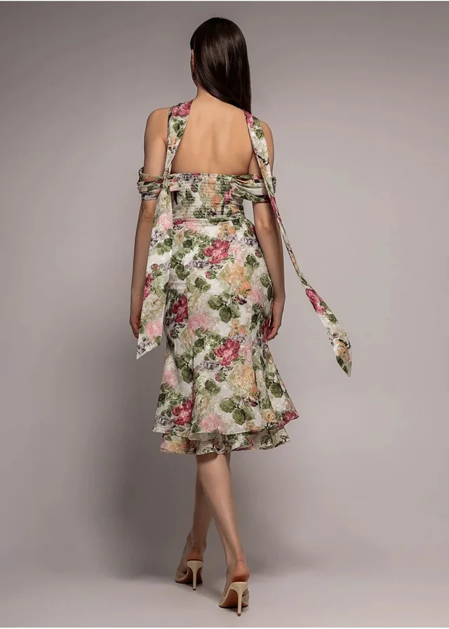 Goddiva Cream Cowl Neck Floral Print Jacquard Chiffon Tiered Midi Dress