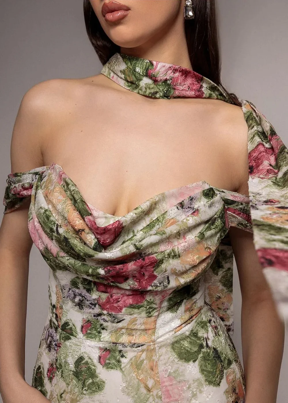 Goddiva Cream Cowl Neck Floral Print Jacquard Chiffon Tiered Midi Dress - 6 Image 3