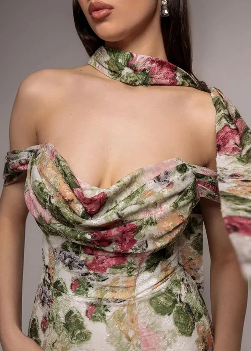 Goddiva Cream Cowl Neck Floral Print Jacquard Chiffon Tiered Midi Dress - 6 Image 3