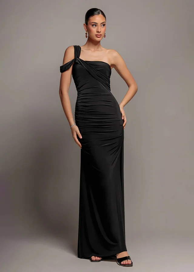 Goddiva Black One Shoulder Asymmetric Twist Maxi Dress