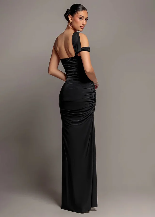 Goddiva Black One Shoulder Asymmetric Twist Maxi Dress
