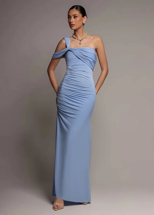 Goddiva Blue One Shoulder Asymmetric Twist Maxi Dress