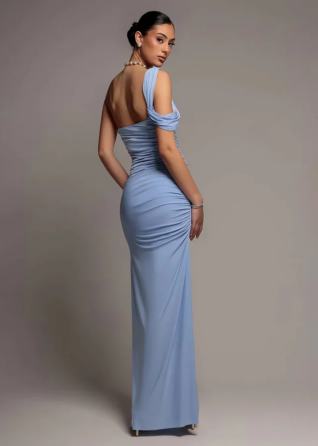 Goddiva Blue One Shoulder Asymmetric Twist Maxi Dress