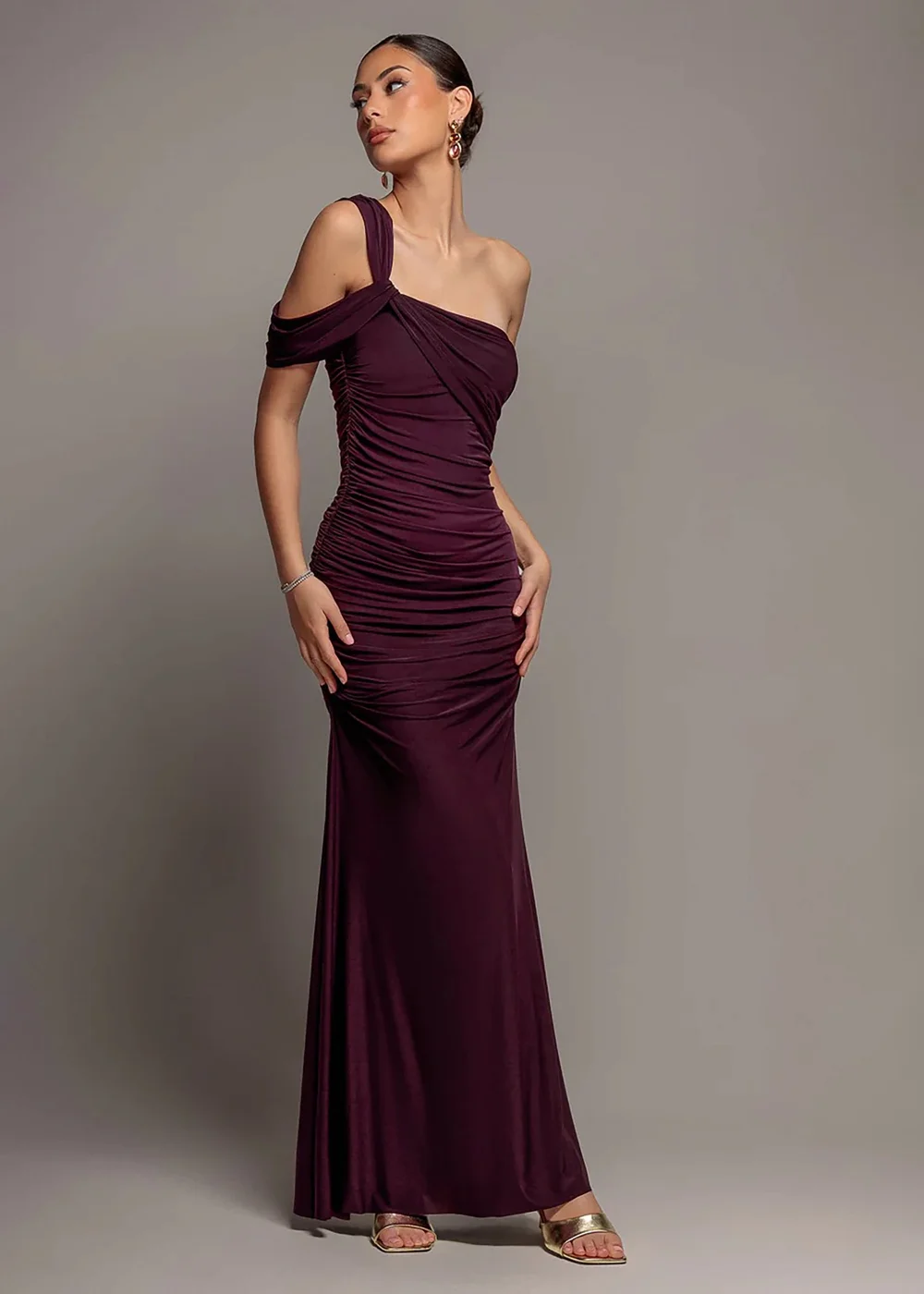 Goddiva Burgundy One Shoulder Asymmetric Twist Maxi Dress - 18 Image 1