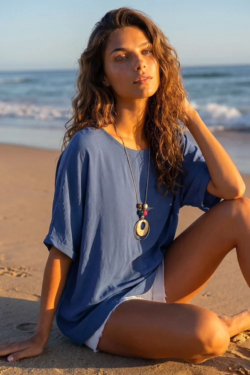 Roman Blue Tunic Top with Necklace - L Image 2