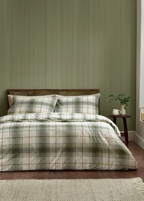 Catherine Lansfield Brushed Troon Check Duvet Cover Set Green - Single Image 1