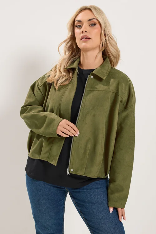 Yours Curve Khaki Green Suedette Bomber Jacket - 34-36 Image 1