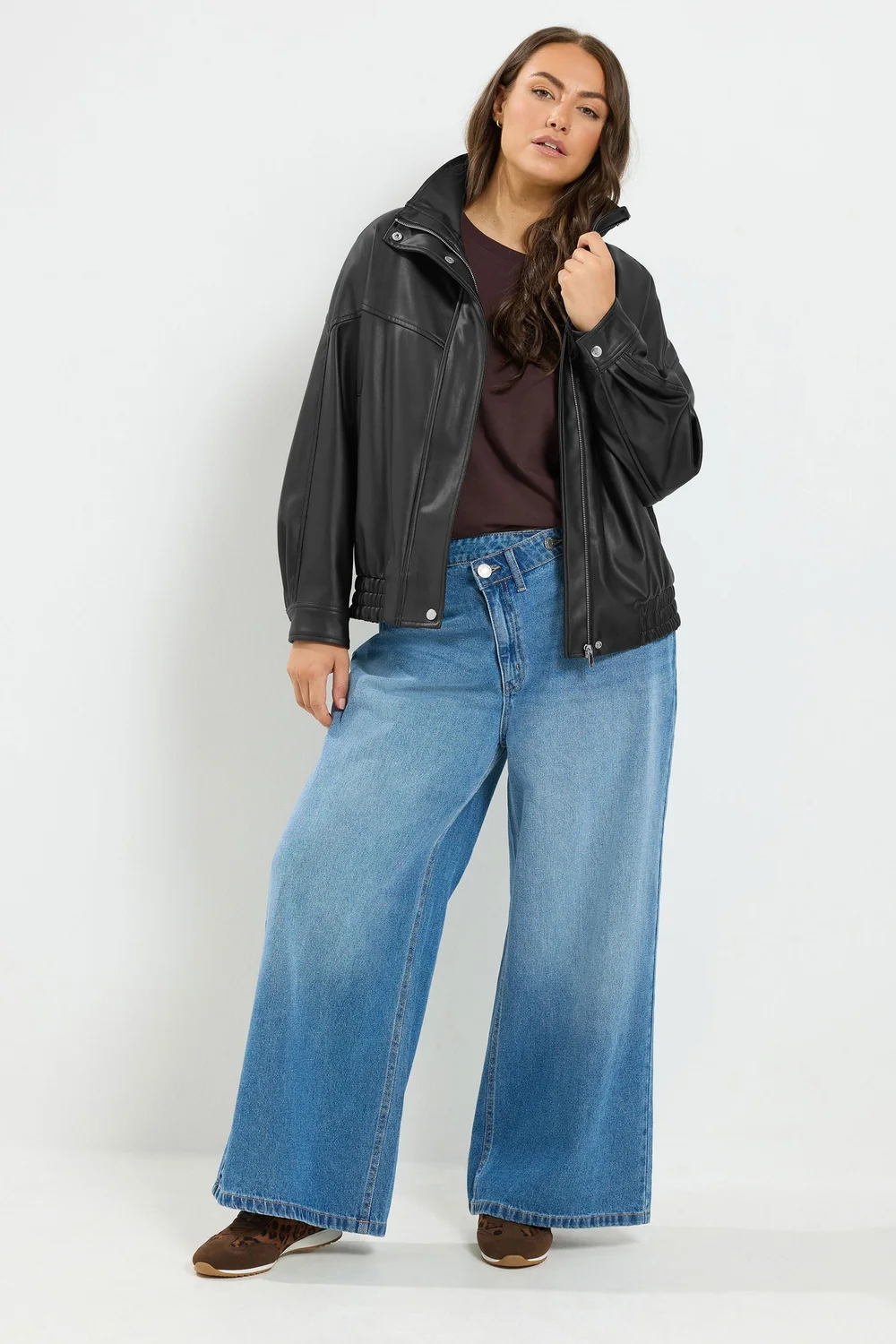 Yours Curve Black Faux Leather Funnel Neck Jacket - 30-32 Image 3