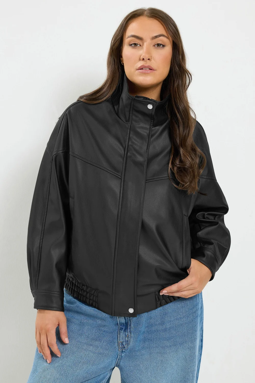 Yours Curve Black Faux Leather Funnel Neck Jacket - 30-32 Image 2