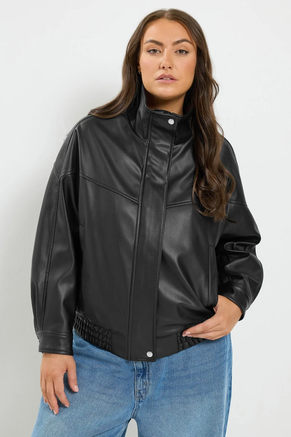 Yours Curve Black Faux Leather Funnel Neck Jacket - 30-32 Image 1