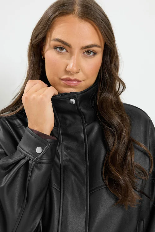 Yours Curve Black Faux Leather Funnel Neck Jacket - 30-32 Image 5