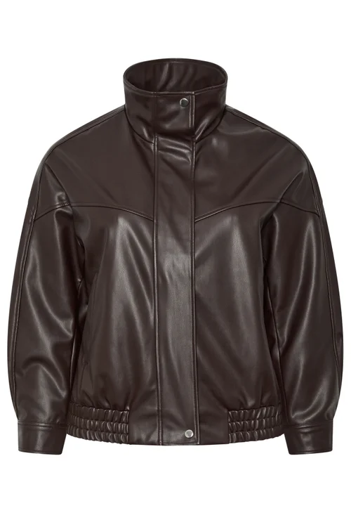 Yours Curve Chocolate Brown Faux Leather Funnel Neck Jacket - 20 Image 5