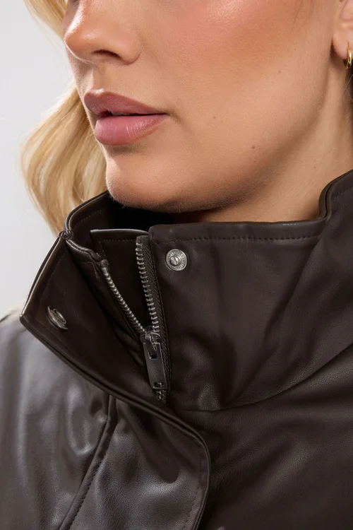 Yours Curve Chocolate Brown Faux Leather Funnel Neck Jacket - 20 Image 5