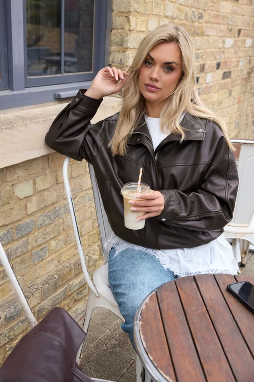 Yours Curve Chocolate Brown Faux Leather Funnel Neck Jacket - 20 Image 1