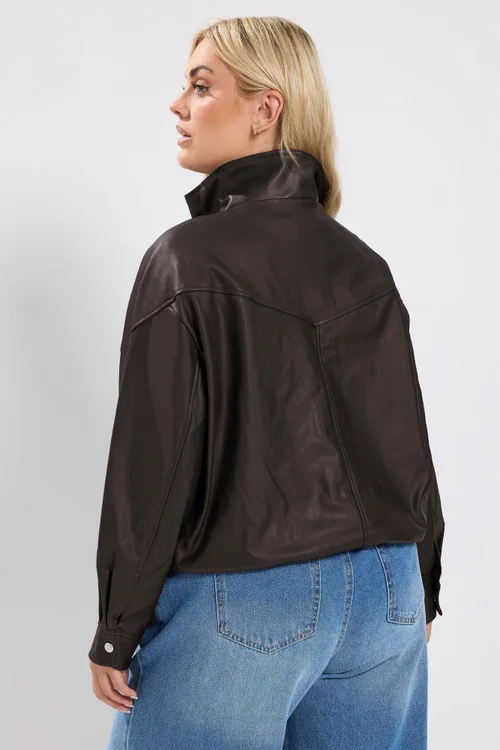 Yours Curve Chocolate Brown Faux Leather Funnel Neck Jacket - 20 Image 4