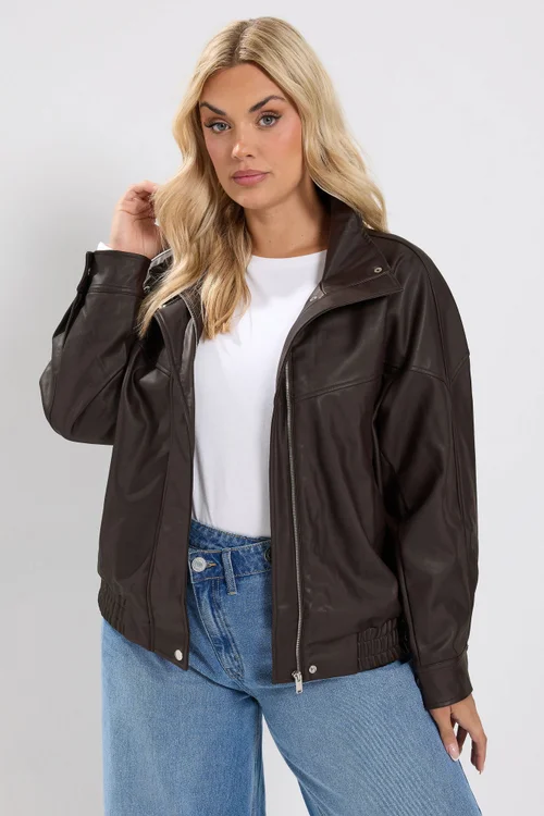Yours Curve Chocolate Brown Faux Leather Funnel Neck Jacket - 20 Image 2