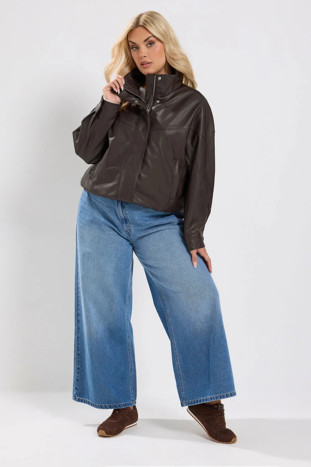 Yours Curve Chocolate Brown Faux Leather Funnel Neck Jacket - 20 Image 3