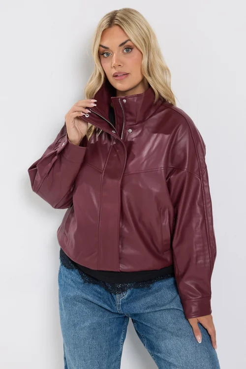 Yours Curve Red Faux Leather Funnel Neck Jacket - 16 Image 1