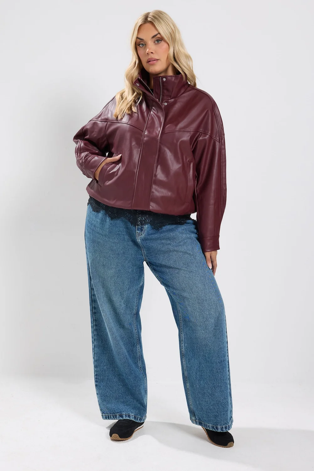 Yours Curve Red Faux Leather Funnel Neck Jacket - 16 Image 2