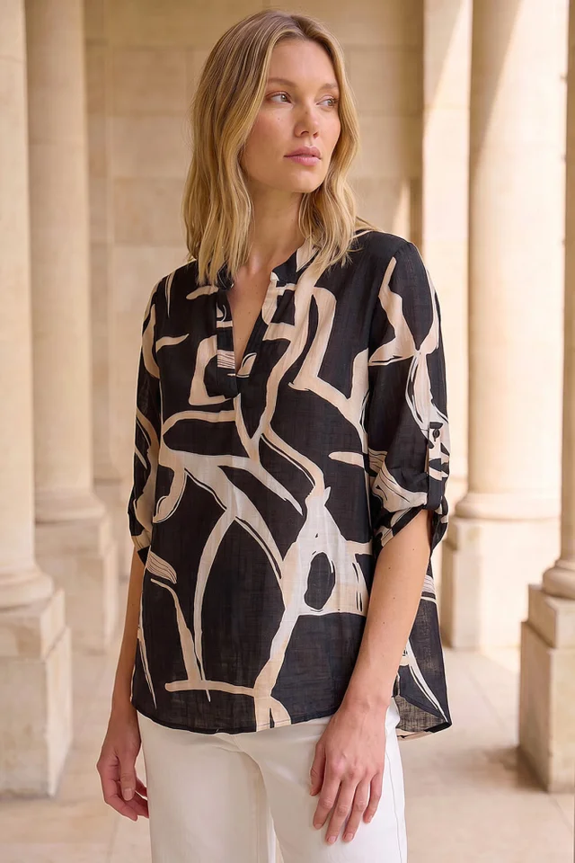 Roman Black Abstract Print V-Neck Top