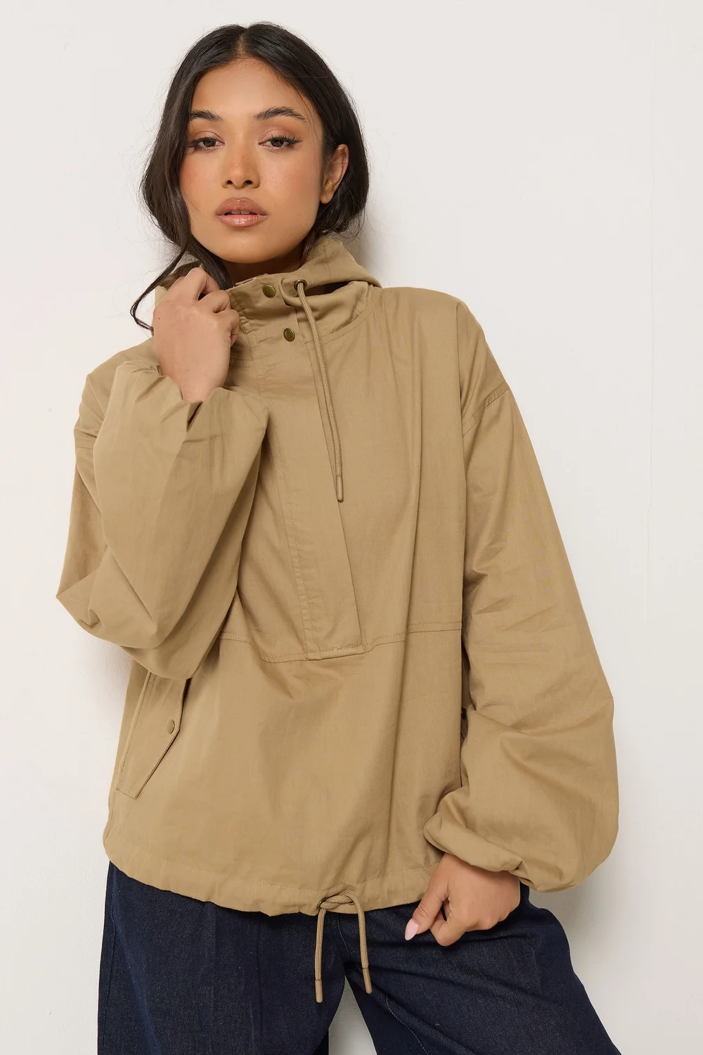 PixieGirl Petite Stone Brown Half Zip Hooded Windbreaker Jacket - 16 Image 1
