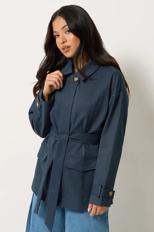 PixieGirl Petite Navy Blue Belted Midi Trench Coat