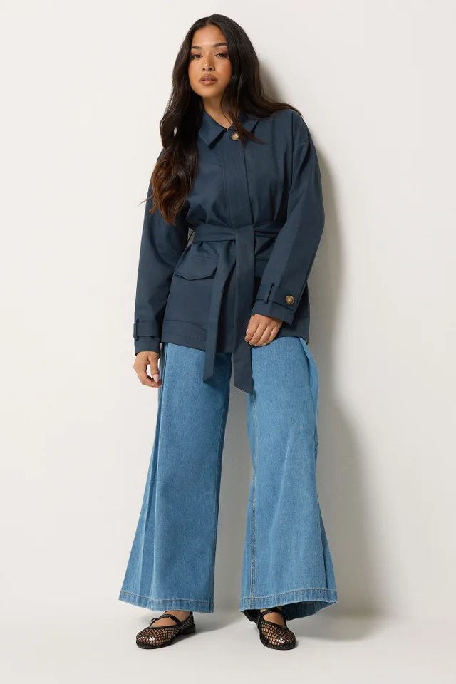PixieGirl Petite Navy Blue Belted Midi Trench Coat